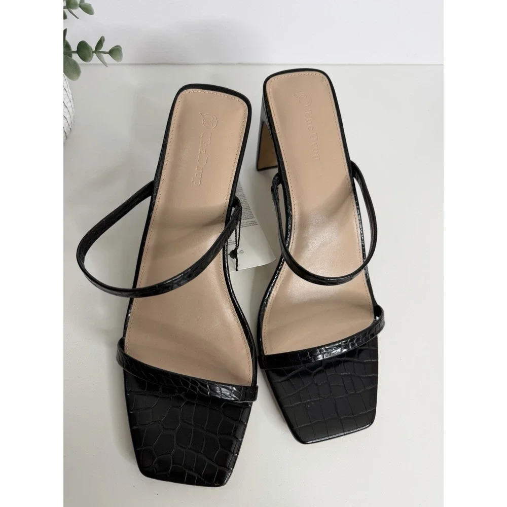 NWT The Drop Avery Square‎ Toe Two Strap Heeled Sandal Black Size 12 Workwear